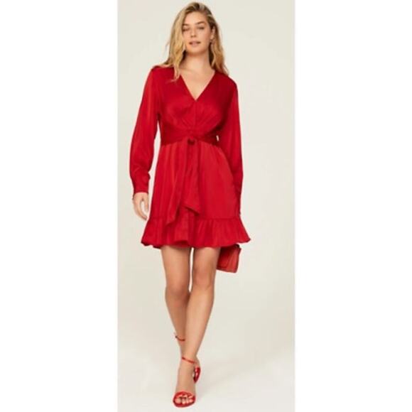 MARISSA WEBB Satin Red Tie Front V-Neck Ruffled Sleeves Shift Mini Dress Size 10 - Picture 1 of 11